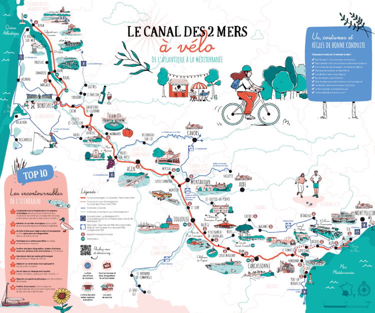 Carte illustrée Canal des 2 Mers à vélo